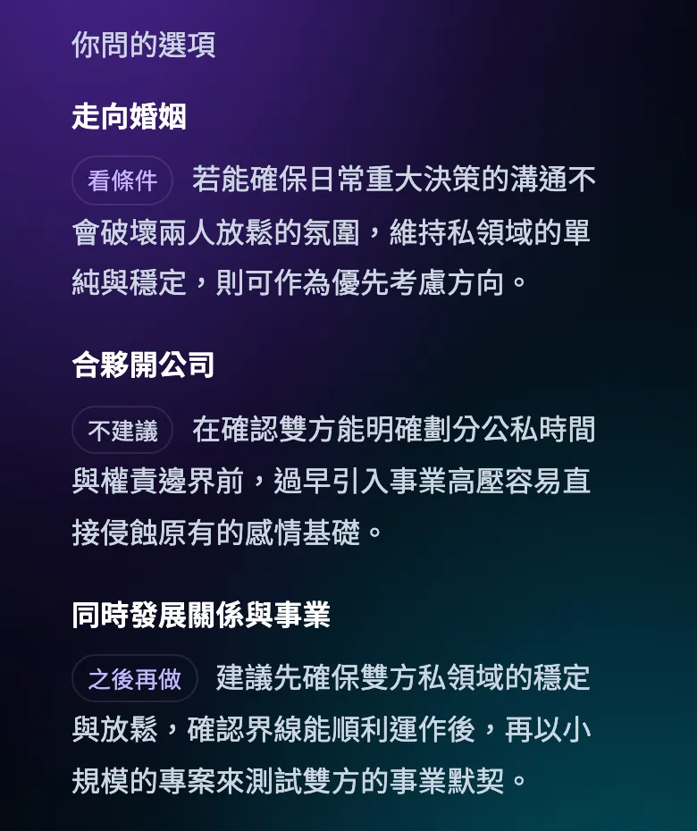 合盤報告「你問的選項」：走向婚姻看條件、合夥開公司不建議、同時發展之後再做